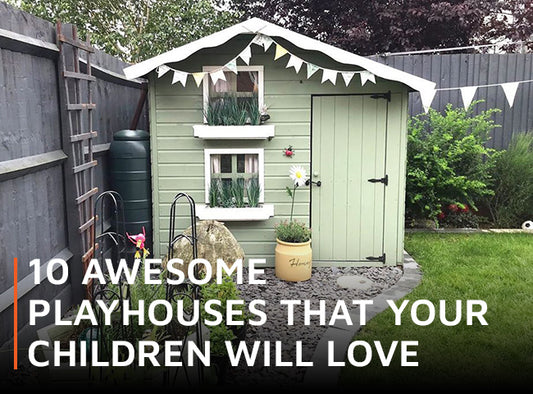 Green and white two storey playhouse with wording '10 awesome playhouses that your children will love'