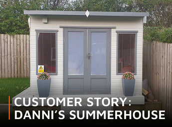White and grey summer house turned nail salon with banner stating 'Customer story: Danni's summerhouse'