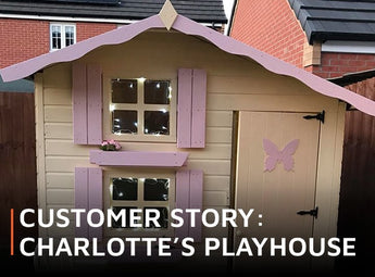 Cream and pink playhouse with wording 'Customer story: Charlotte's playhouse'