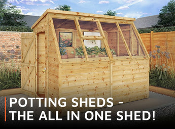 Lead image of Waltons wooden potting shed with wording 'Potting sheds - the all in one shed'