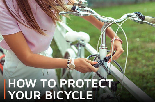 Woman securing bicycle with banner saying 'How to protect your bicycle'