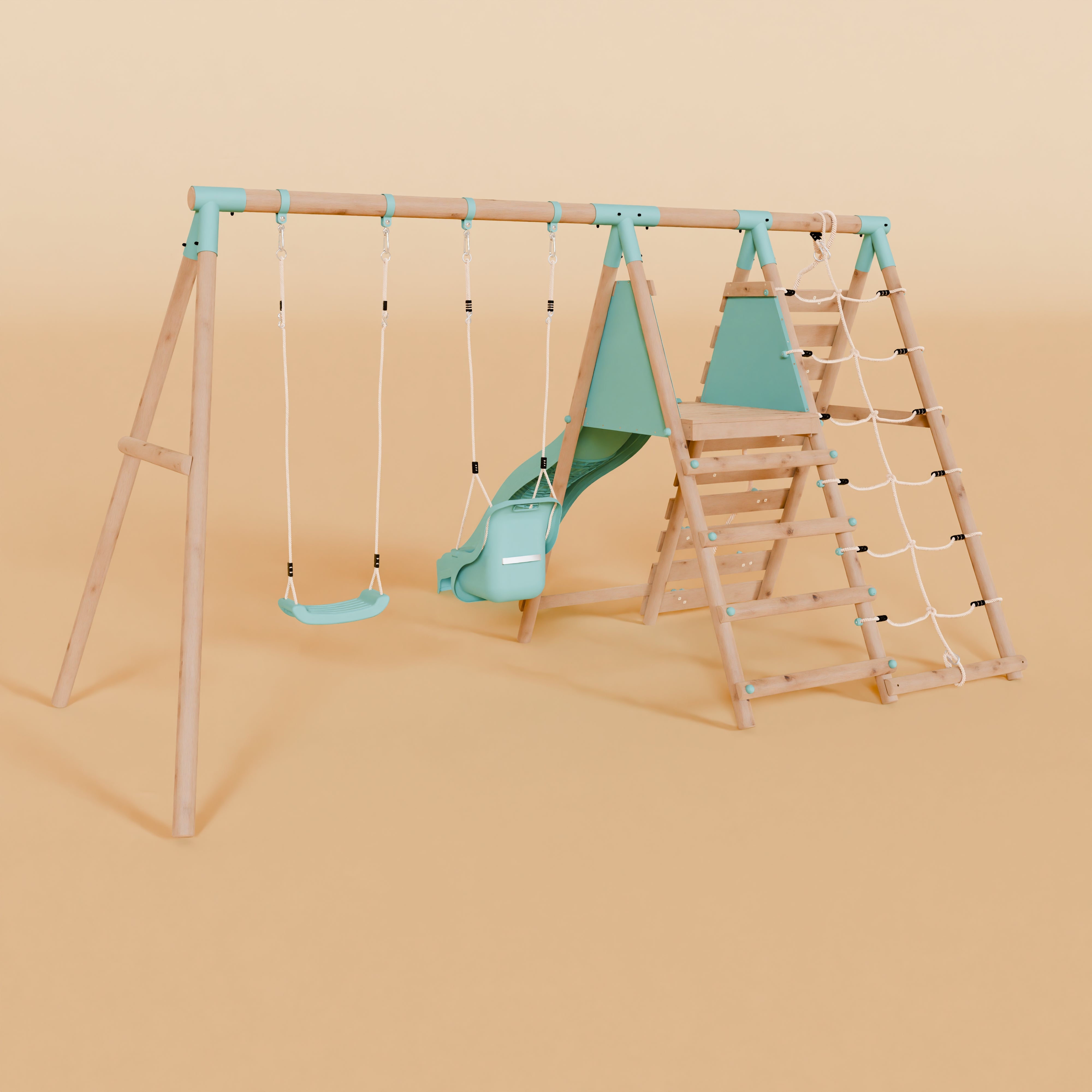 Children's playset with swing, ladder, and slide on a beige background