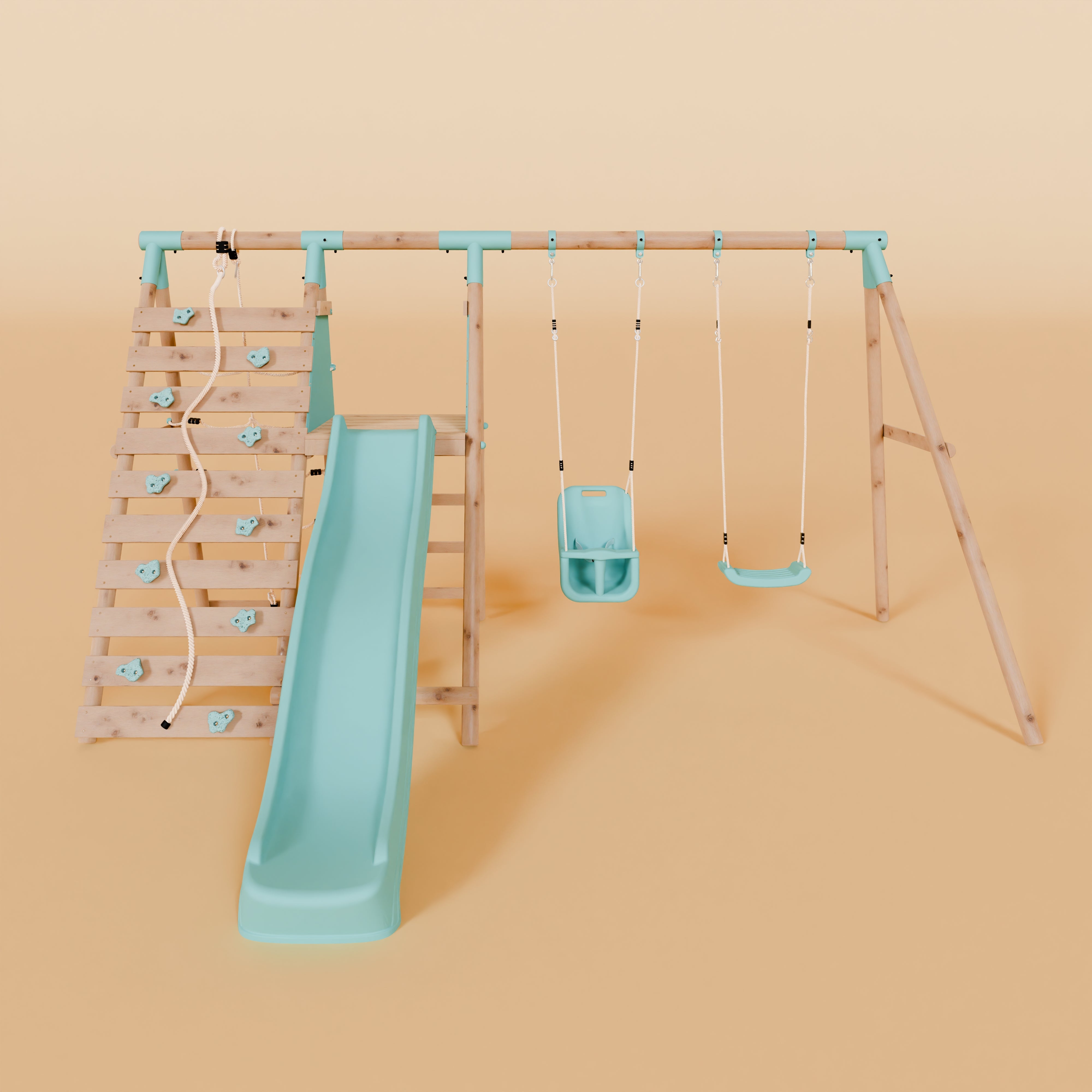 Children's playground set with slide and swings on a beige background