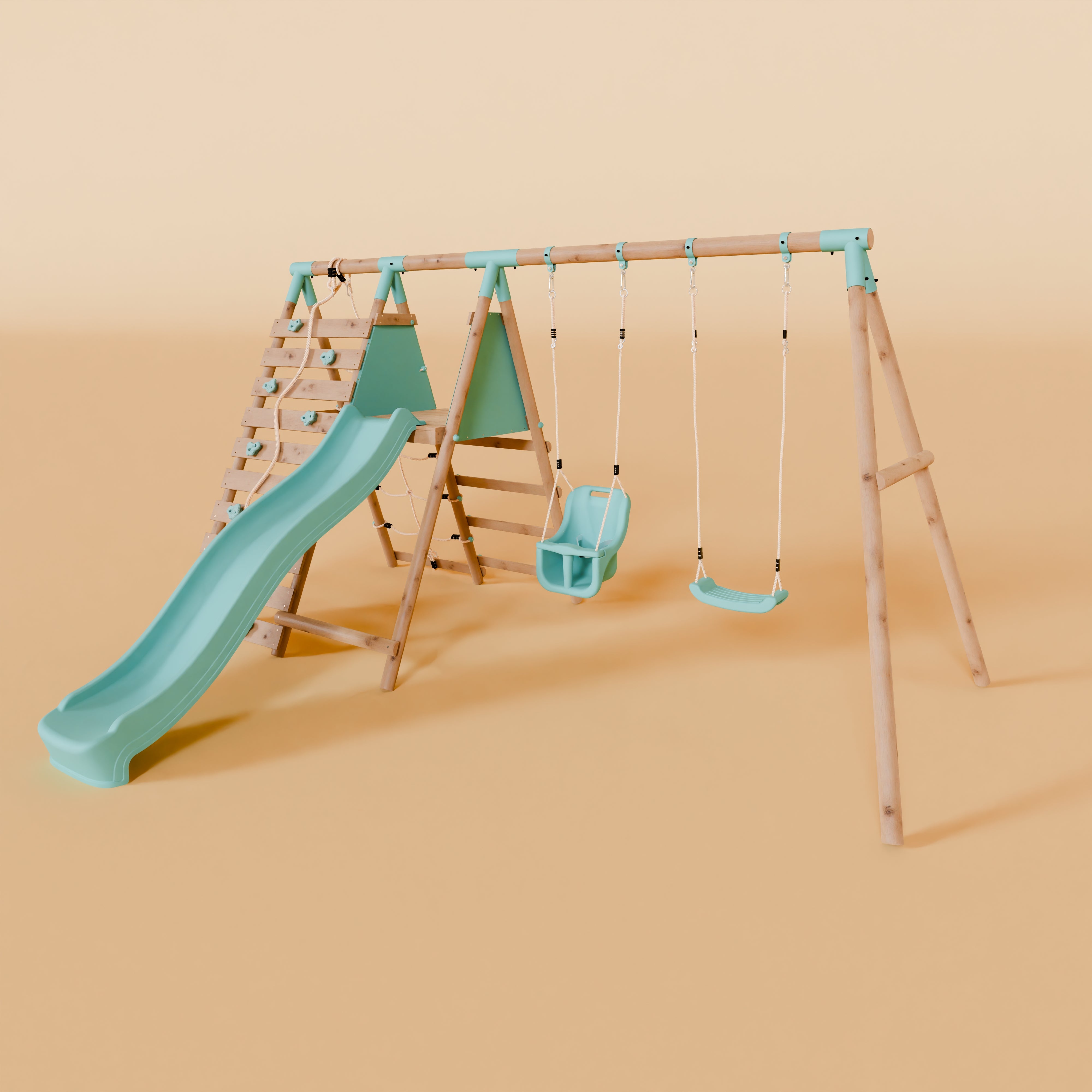 Children's playground set with slide and swings on a beige background