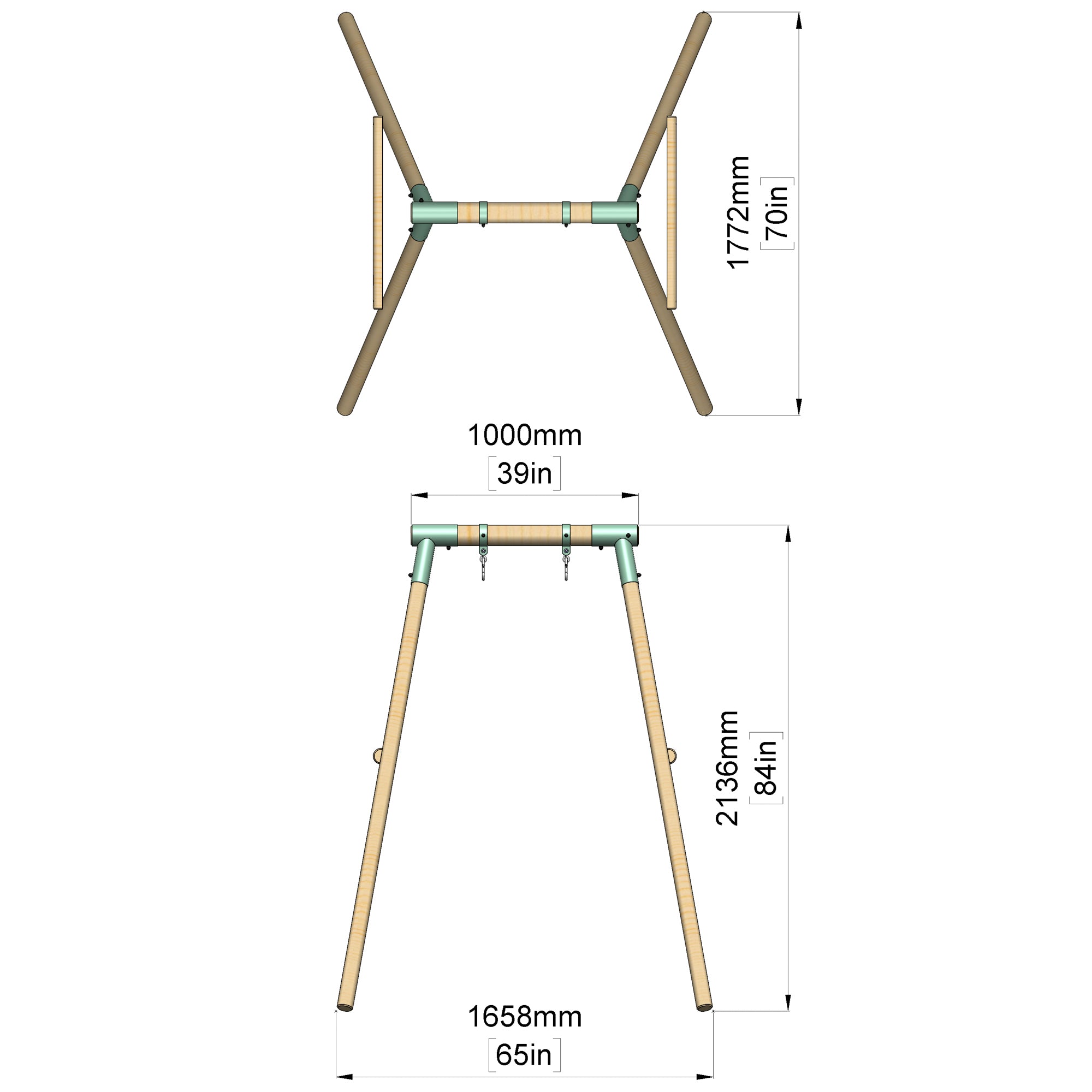 Measurement chart of a wooden stand with dimensions labeled