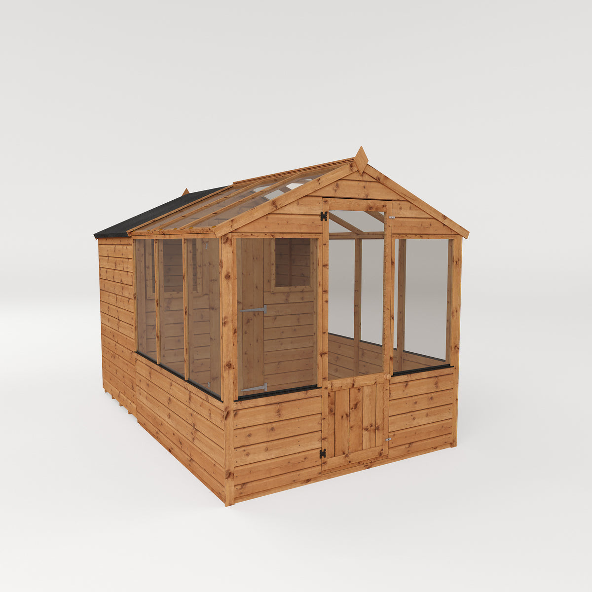 A timber greenhouse with storage shed at the back