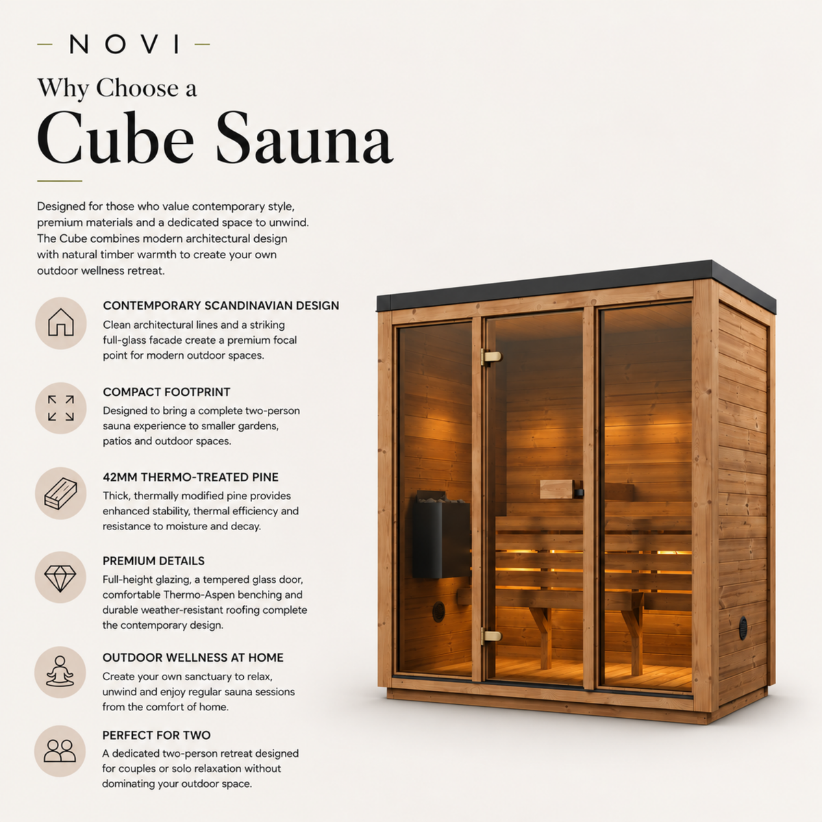Novi Rose Premium Cube Outdoor Sauna - 3 Person