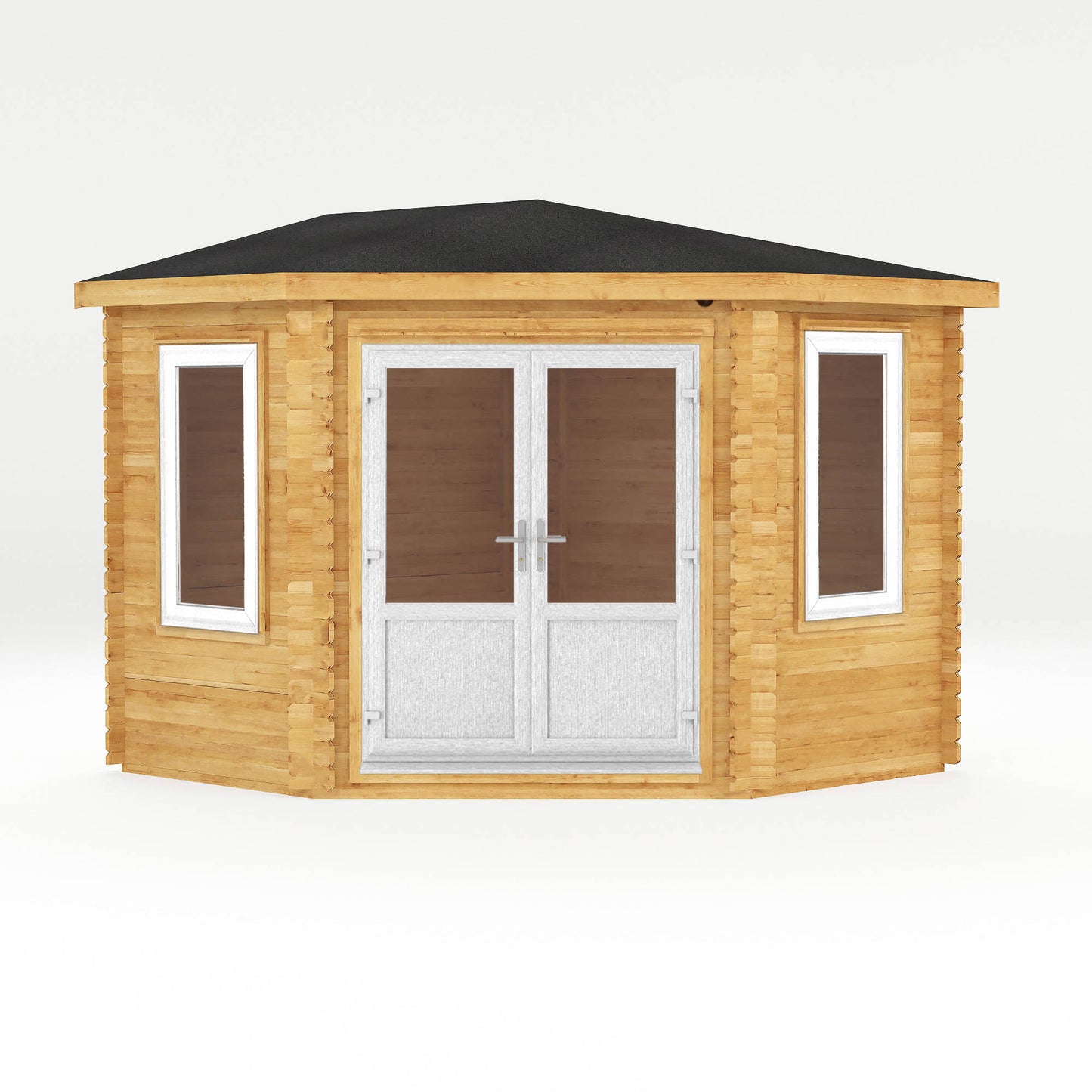 The 3m x 3m Goldcrest Corner Log Cabin with White UPVC