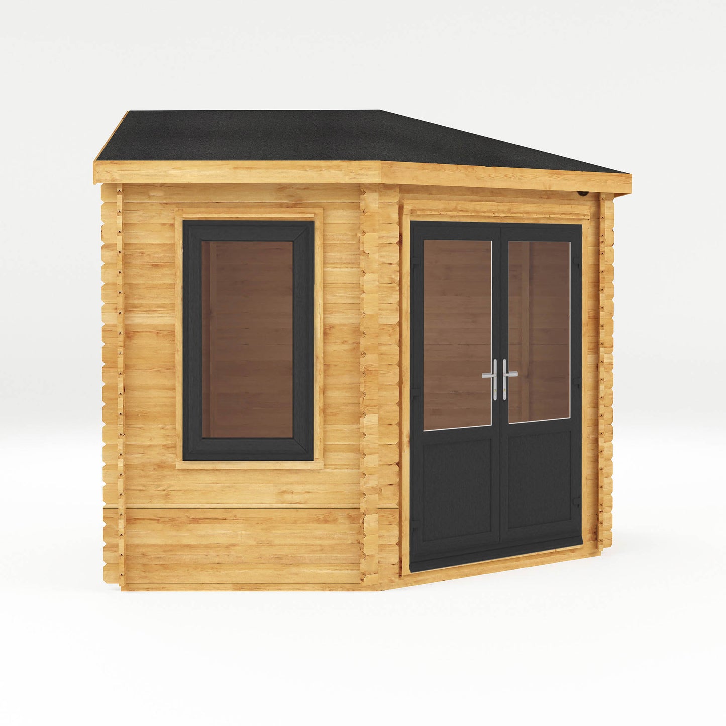 The 3m x 3m Goldcrest Corner Log Cabin with Anthracite UPVC