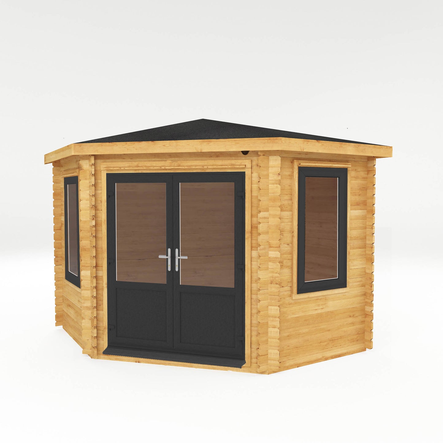 The 3m x 3m Goldcrest Corner Log Cabin with Anthracite UPVC