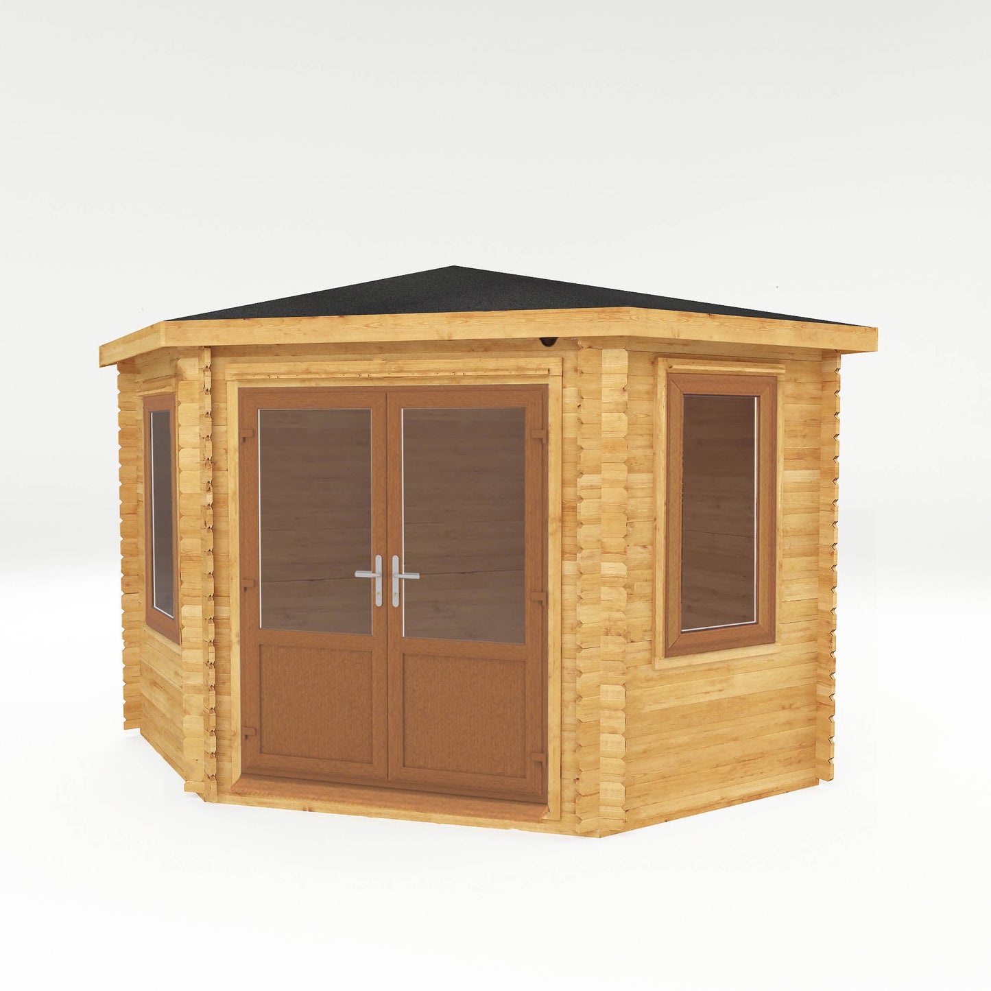 The 3m x 3m Goldcrest Corner Log Cabin with Oak UPVC