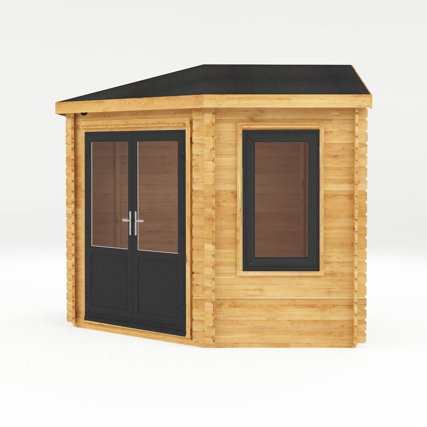 The 3m x 3m Goldcrest Corner Log Cabin with Anthracite UPVC