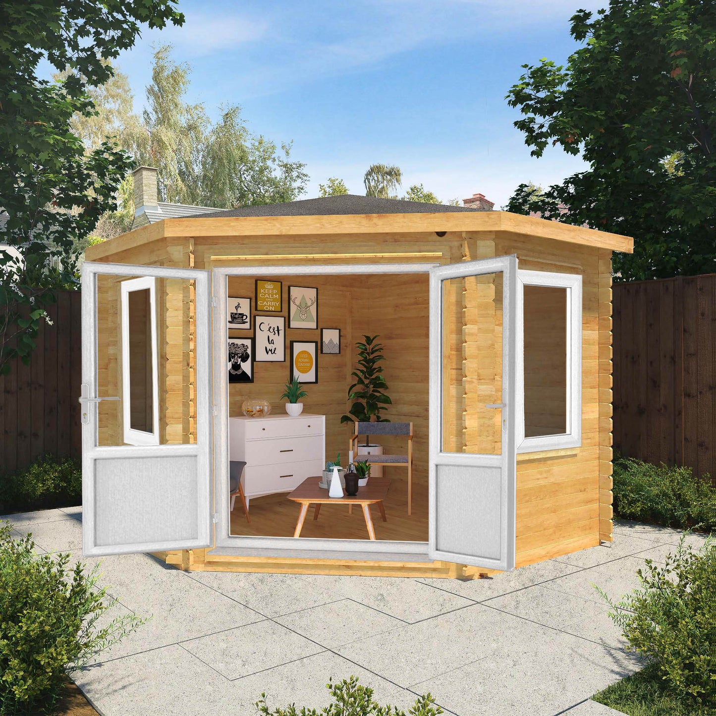 The 3m x 3m Goldcrest Corner Log Cabin with White UPVC