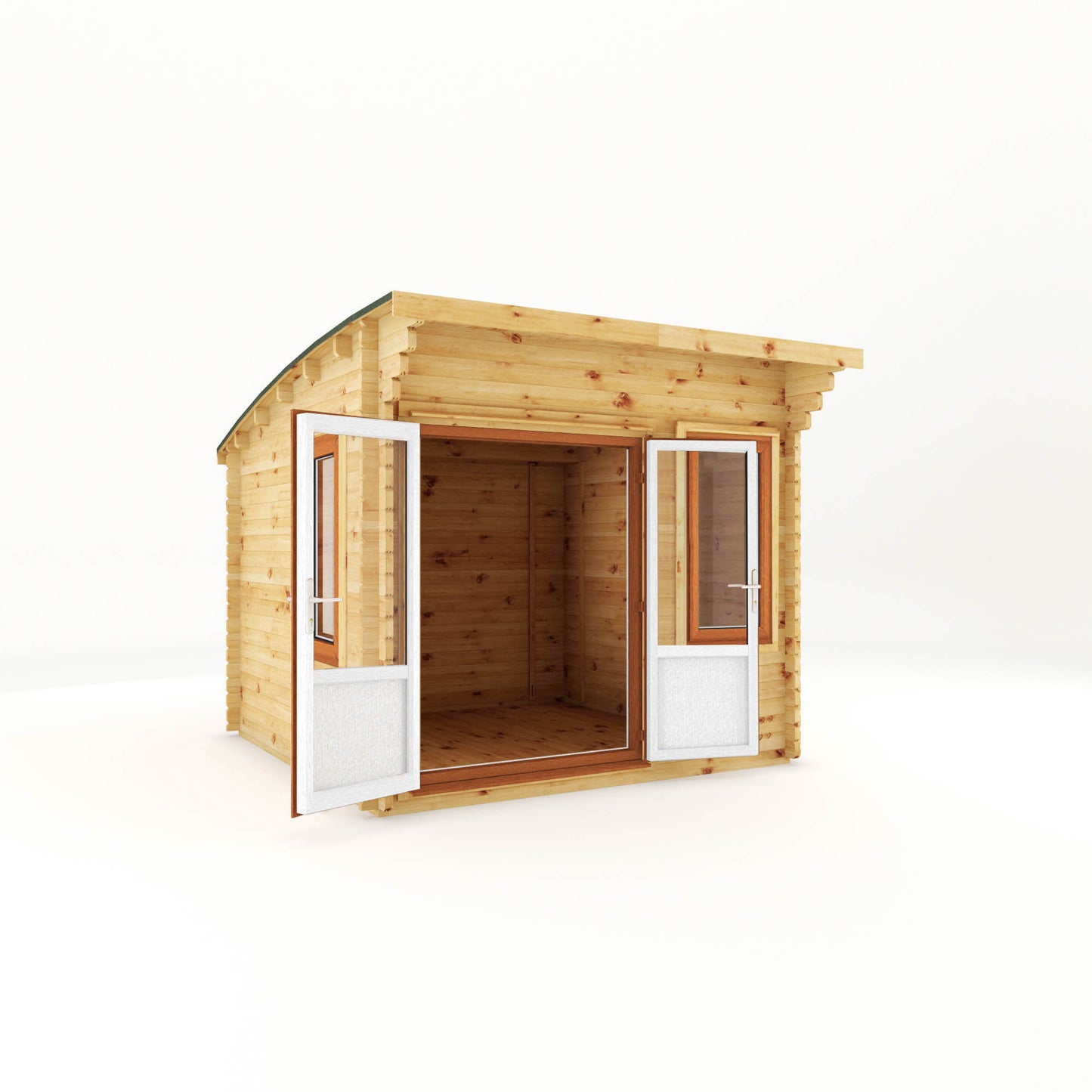 The 3m x 3m Tawny Curved Roof Log Cabin with Oak UPVC