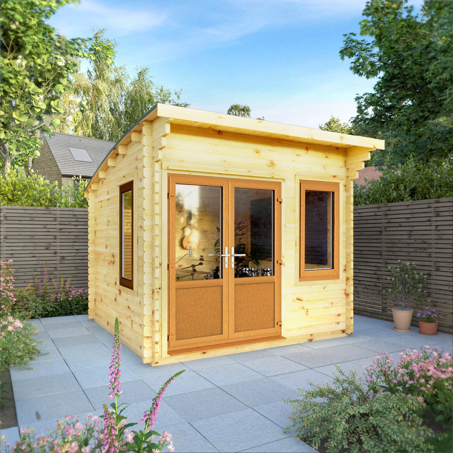 The 3m x 3m Tawny Curved Roof Log Cabin with Oak UPVC