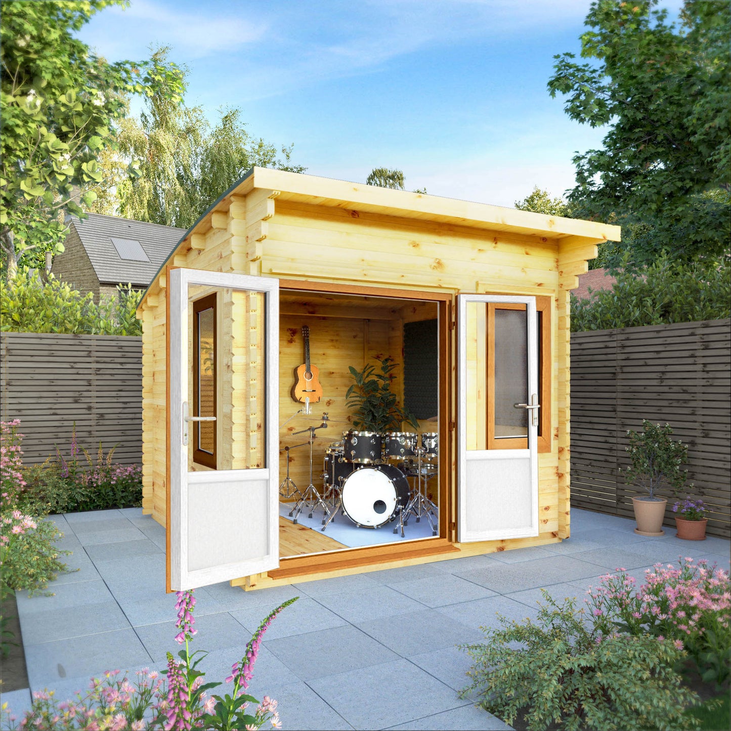 The 3m x 3m Tawny Curved Roof Log Cabin with Oak UPVC