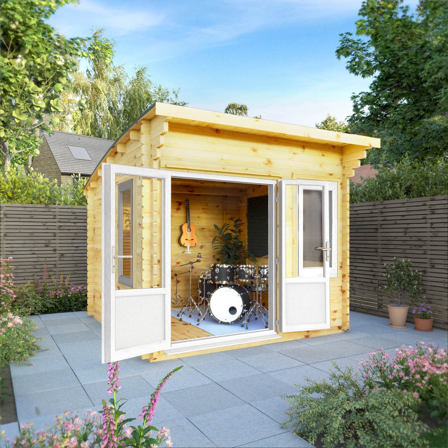 The 3m x 3m Tawny Curved Roof Log Cabin with White UPVC