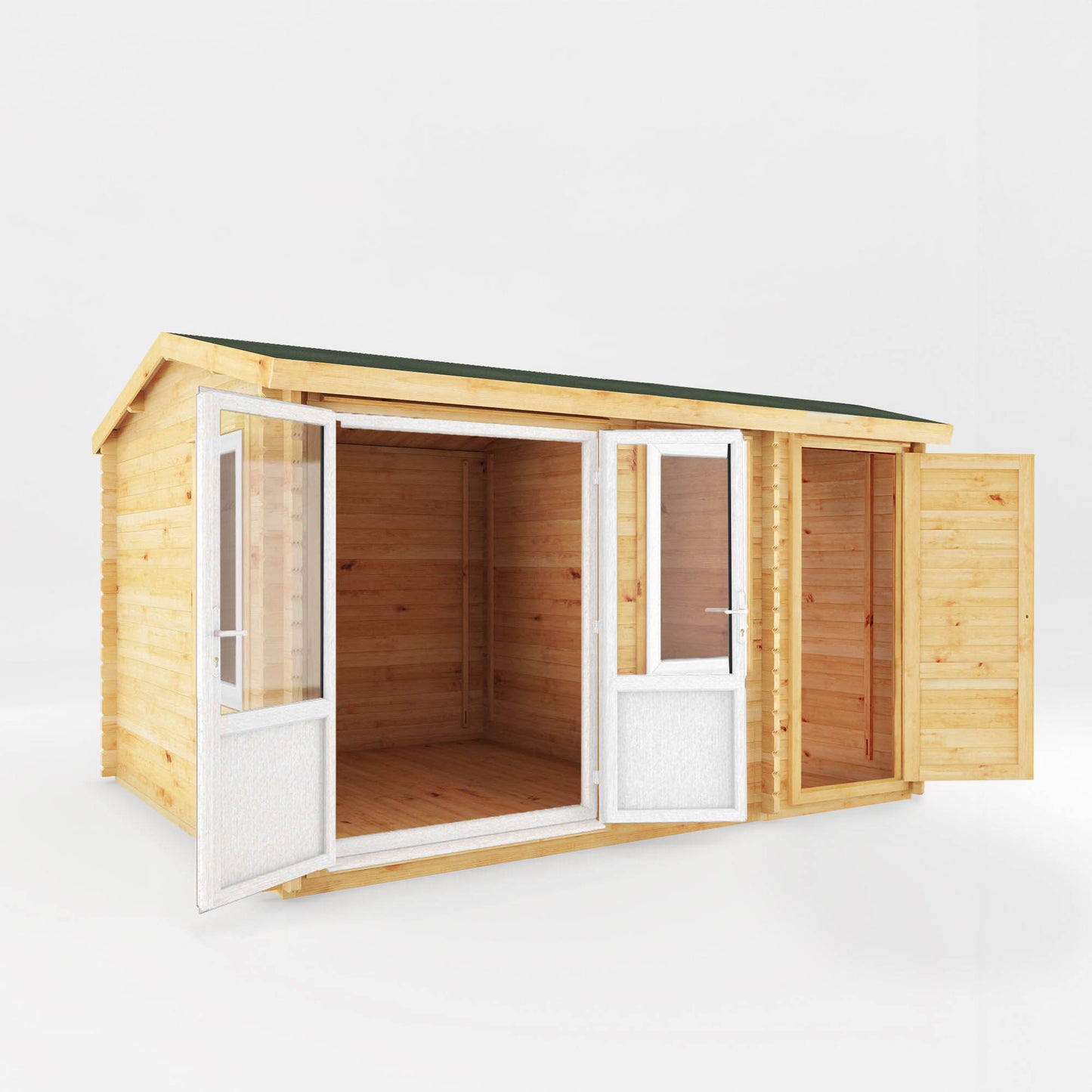 The 4.1m x 3m Robin Log Cabin with Side Shed and White UPVC