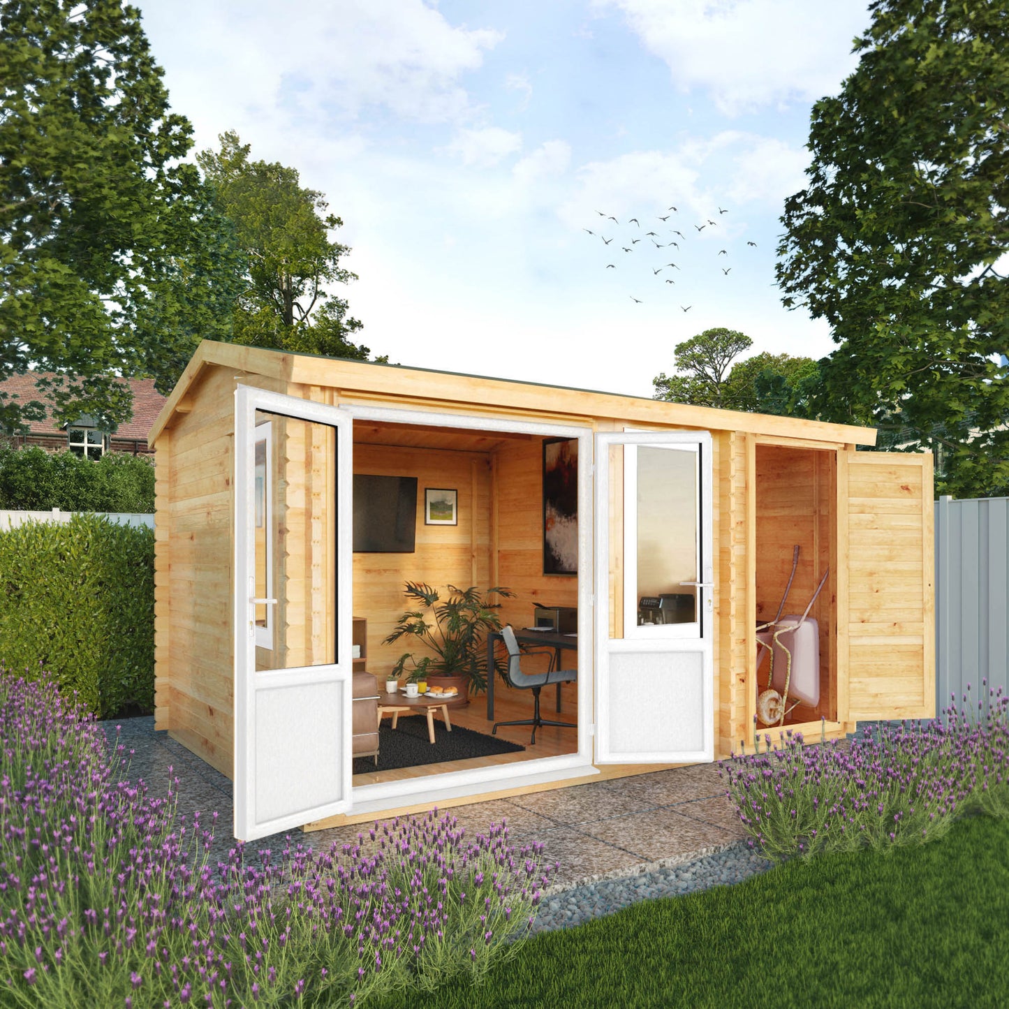 The 4.1m x 3m Robin Log Cabin with Side Shed and White UPVC