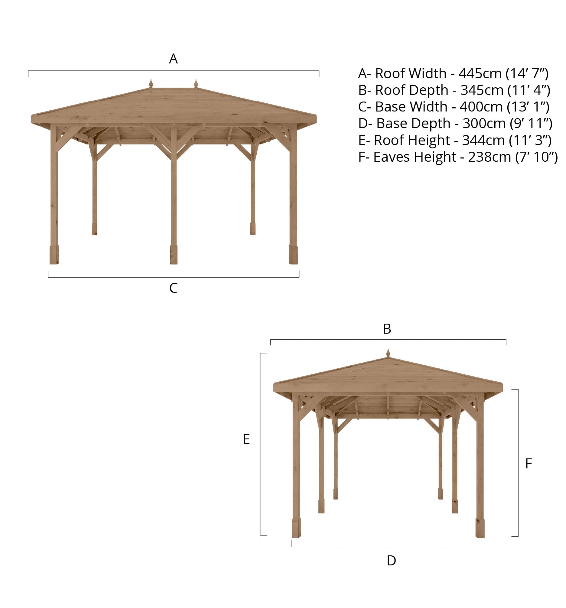 Wooden gazebo with dimensions labeled on a white background