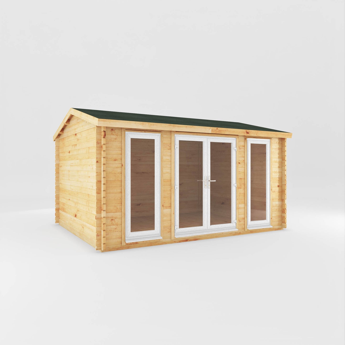 The 4.5m x 3.5m Dove Log Cabin with White UPVC