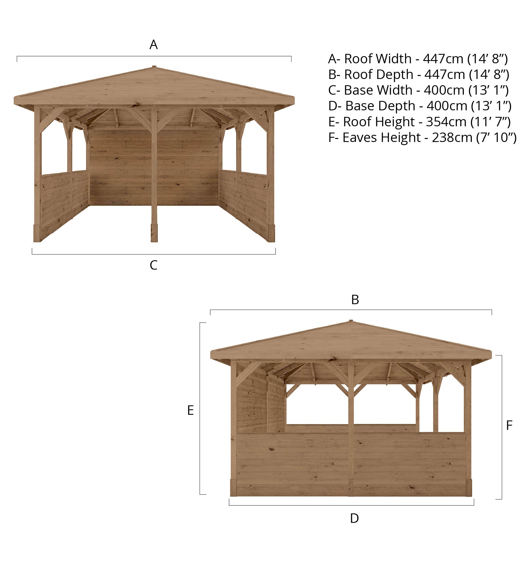Wooden gazebo with dimensions labeled on a white background