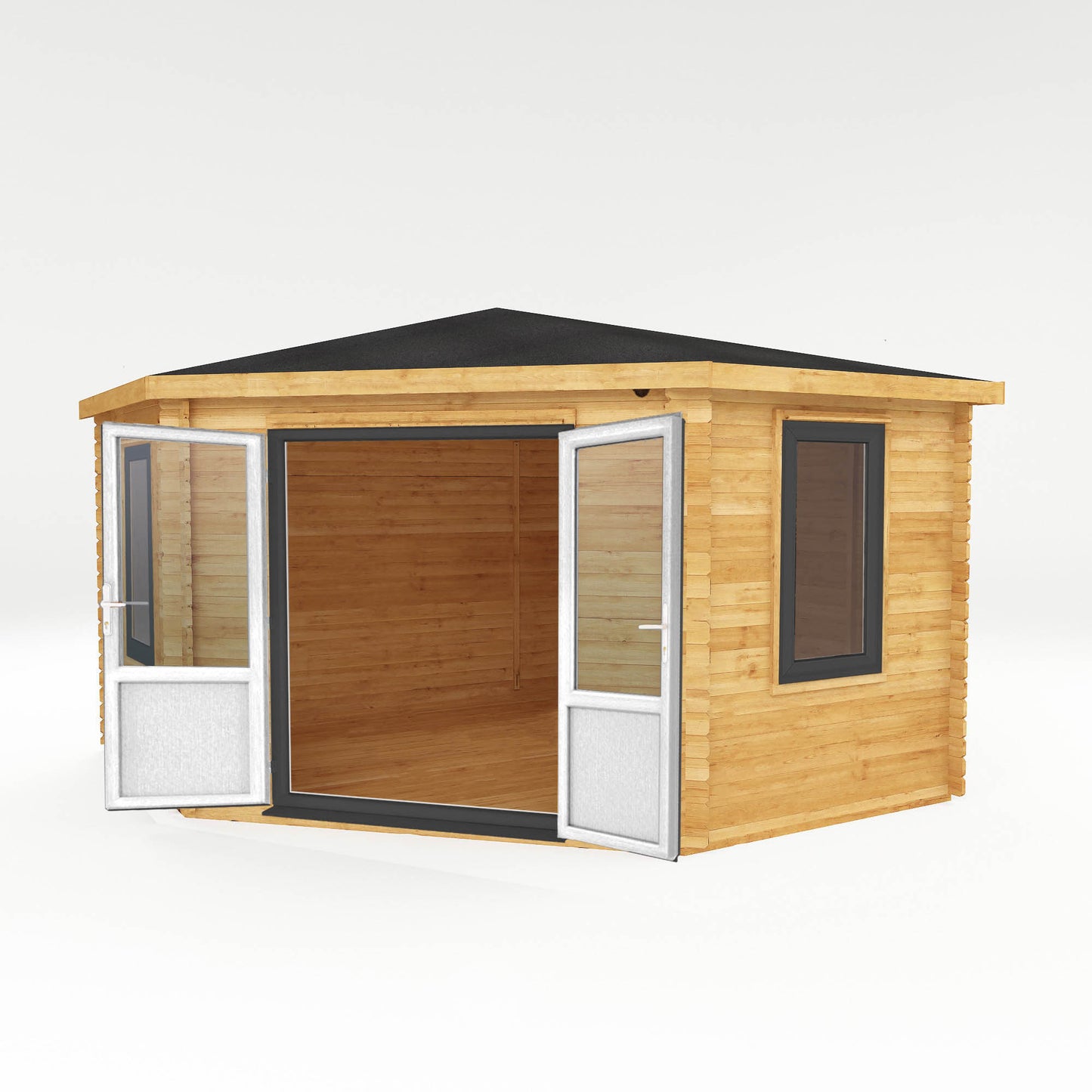 The 4m x 4m Goldcrest Corner Log Cabin with Anthracite UPVC