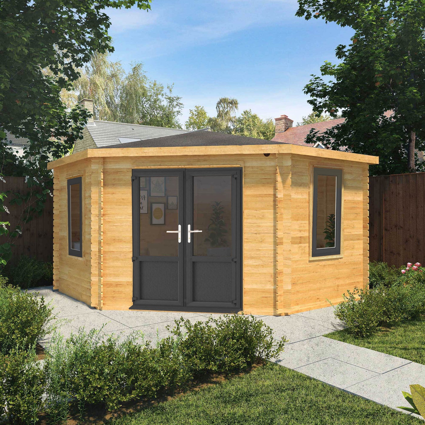 The 4m x 4m Goldcrest Corner Log Cabin with Anthracite UPVC