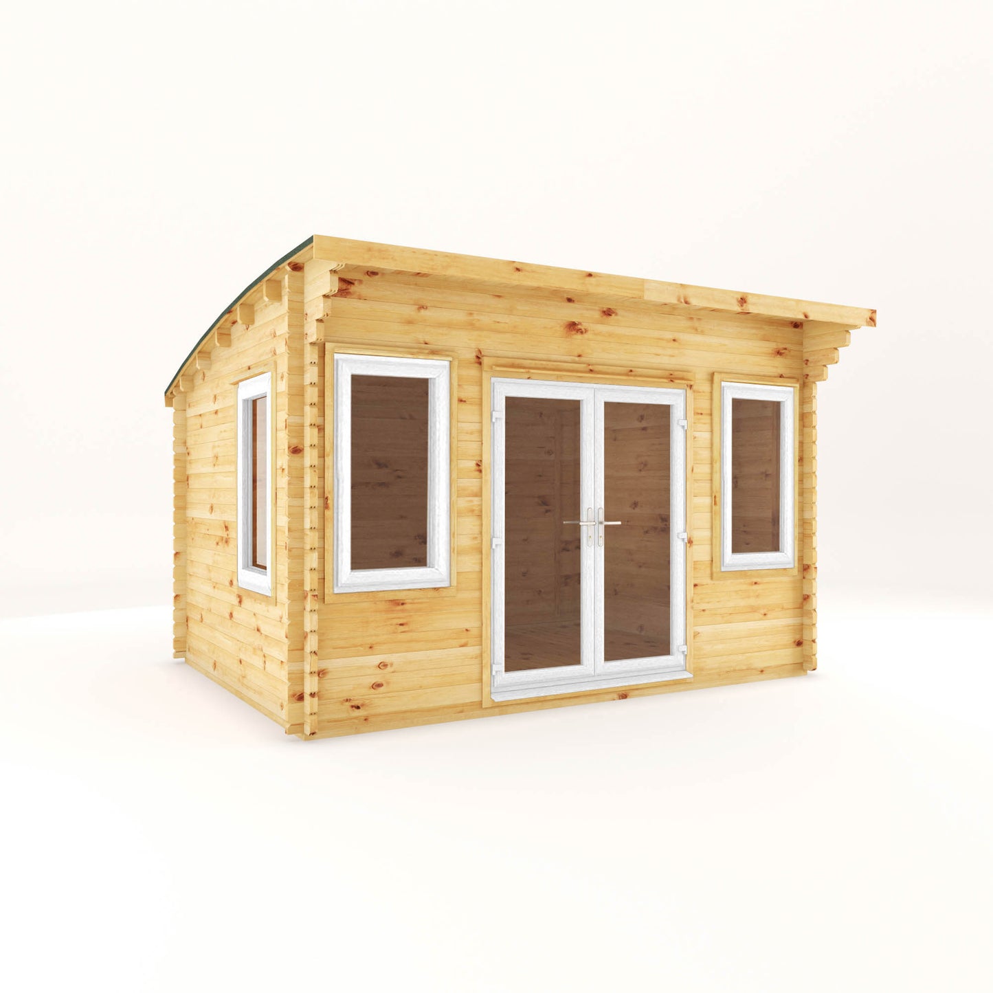 The 4m x 3m Tawny Curved Roof Log Cabin with White UPVC