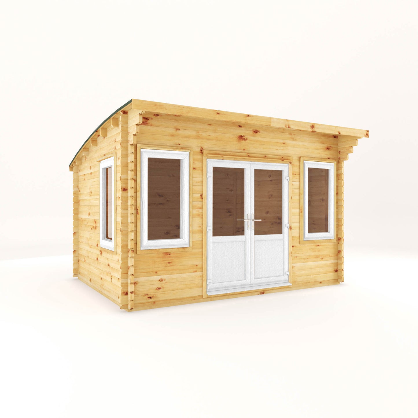 The 4m x 3m Tawny Curved Roof Log Cabin with White UPVC