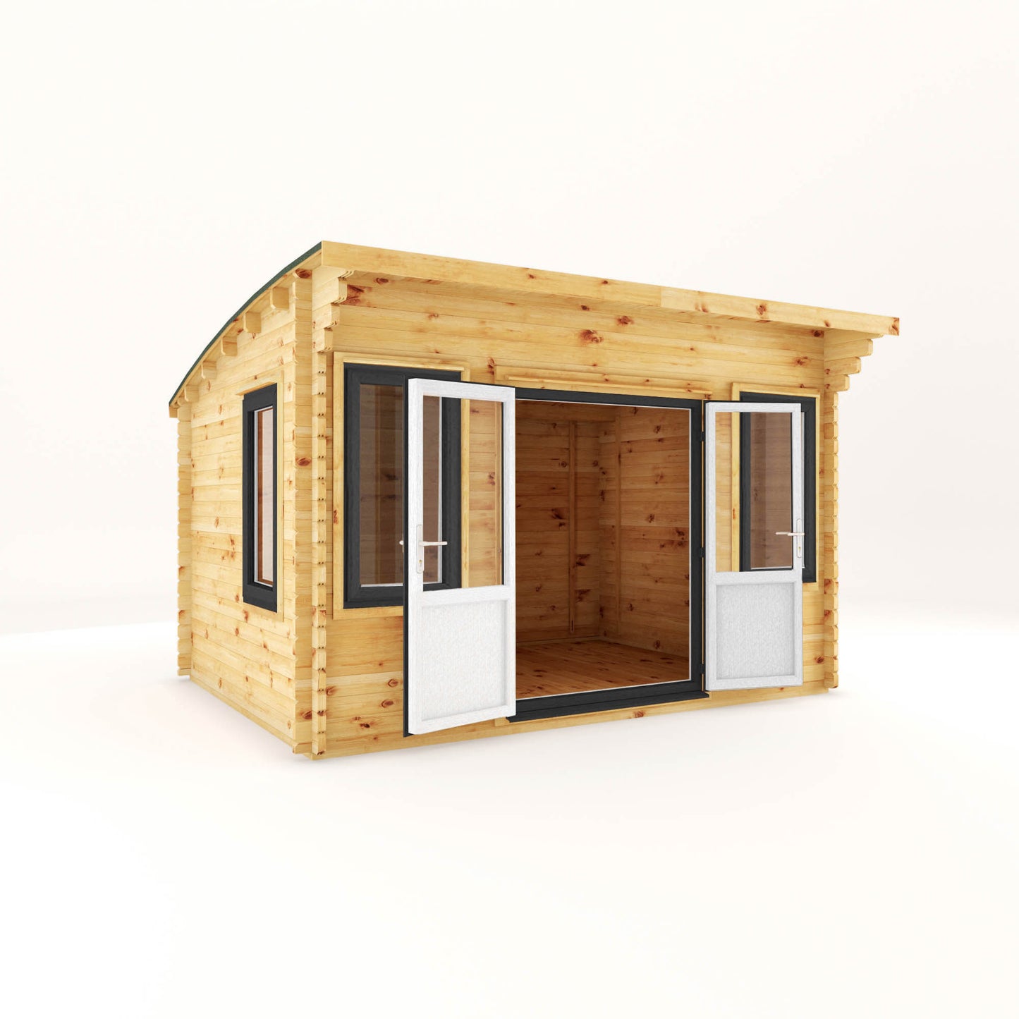 The 4m x 3m Tawny Curved Roof Log Cabin with Anthracite UPVC