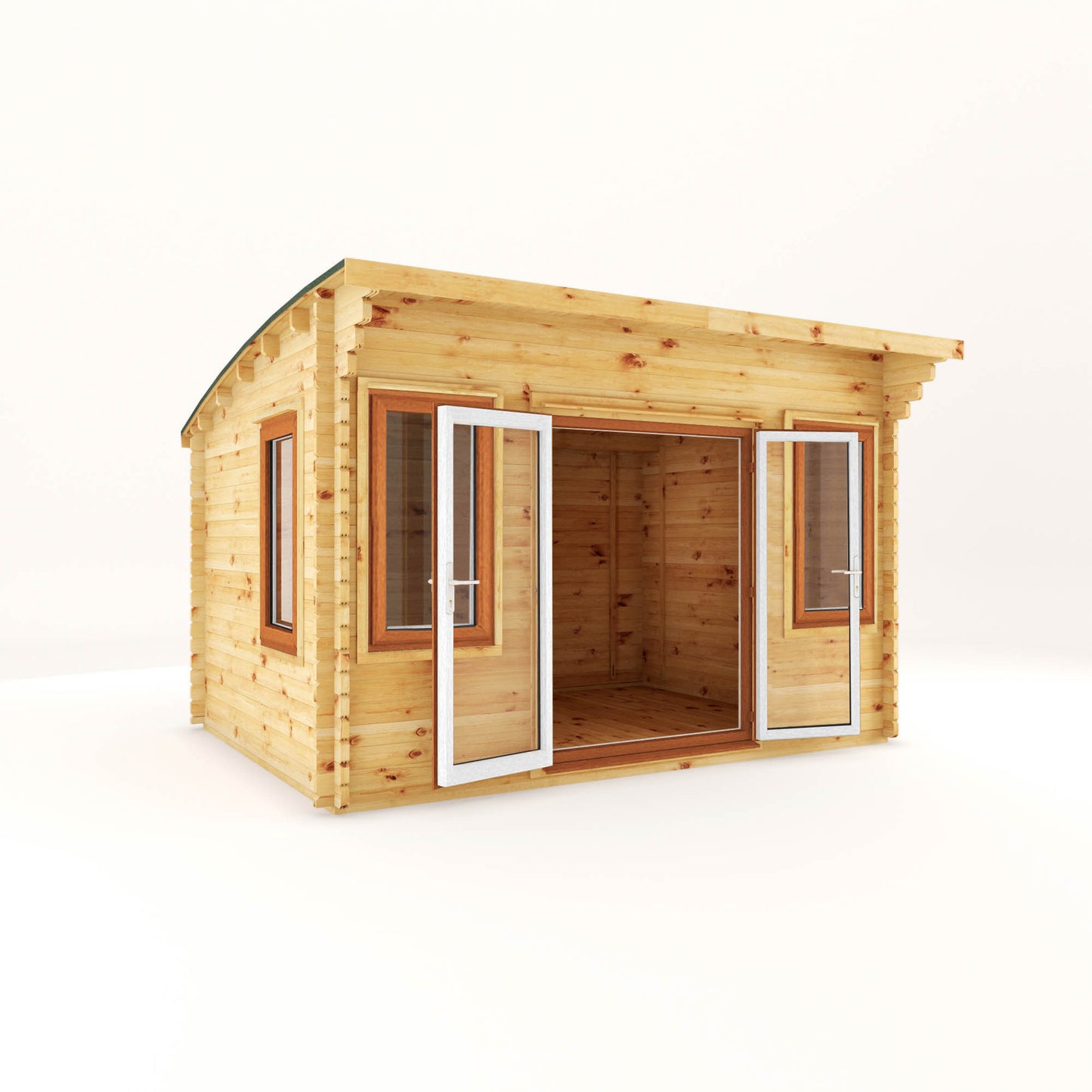 The 4m x 3m Tawny Curved Roof Log Cabin with Oak UPVC