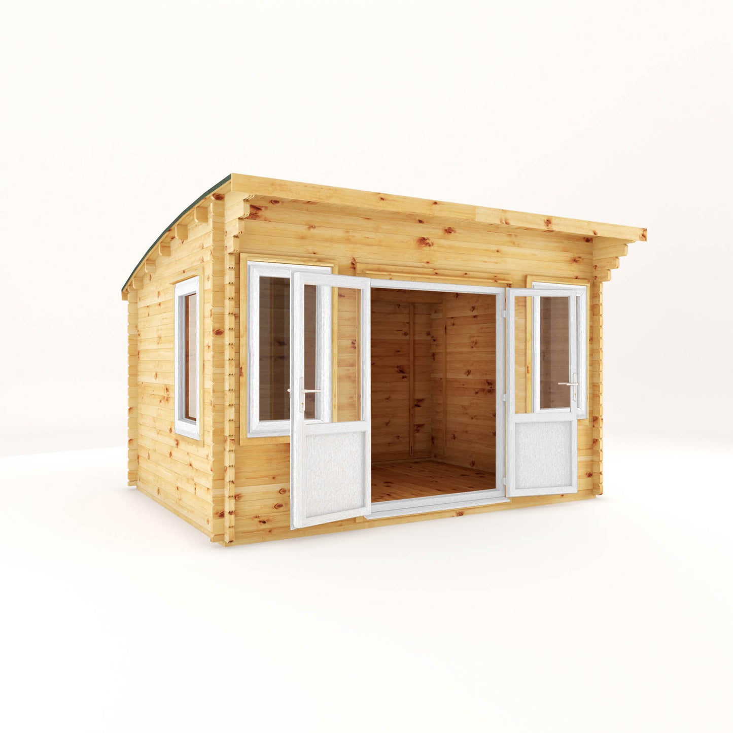 The 4m x 3m Tawny Curved Roof Log Cabin with White UPVC