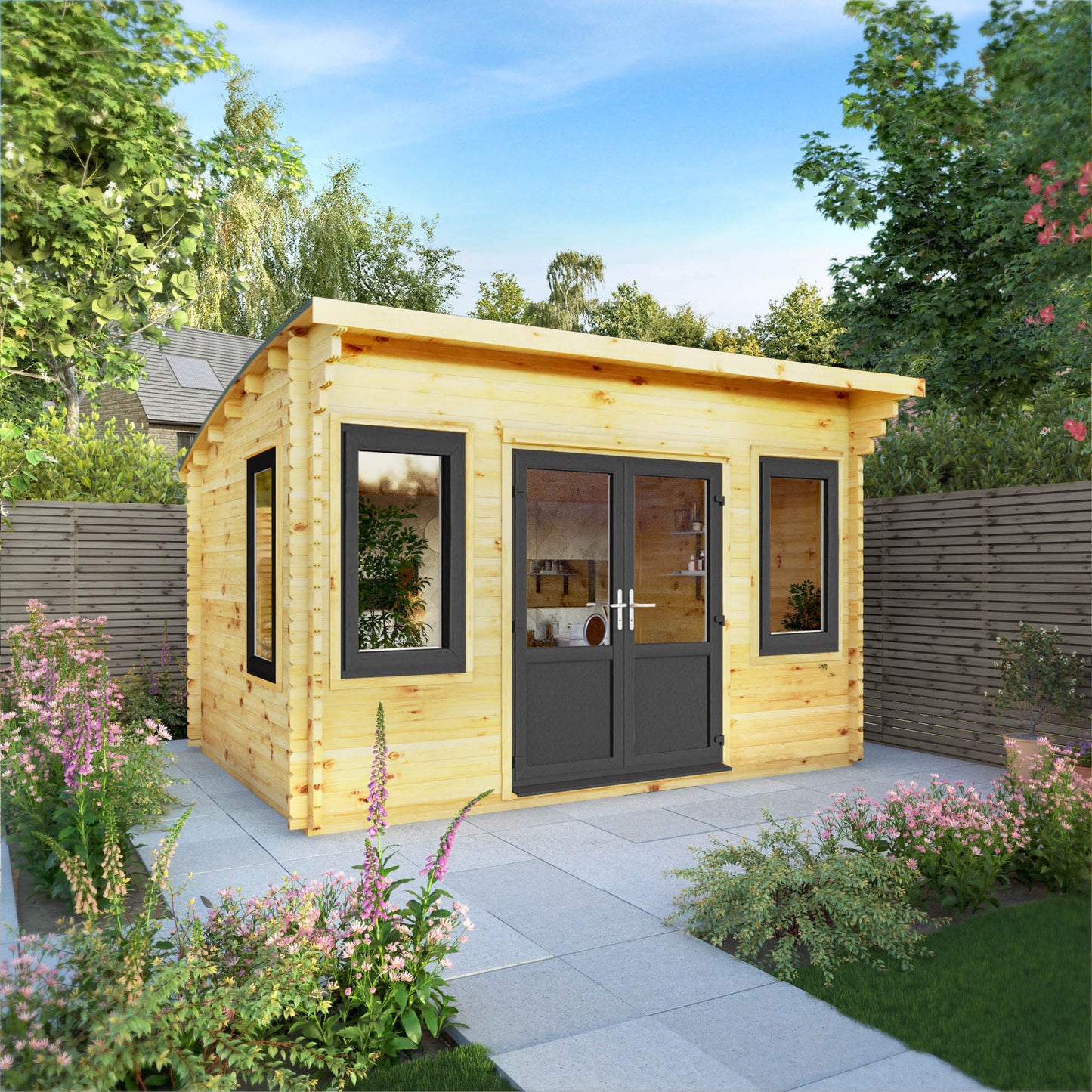 The 4m x 3m Tawny Curved Roof Log Cabin with Anthracite UPVC