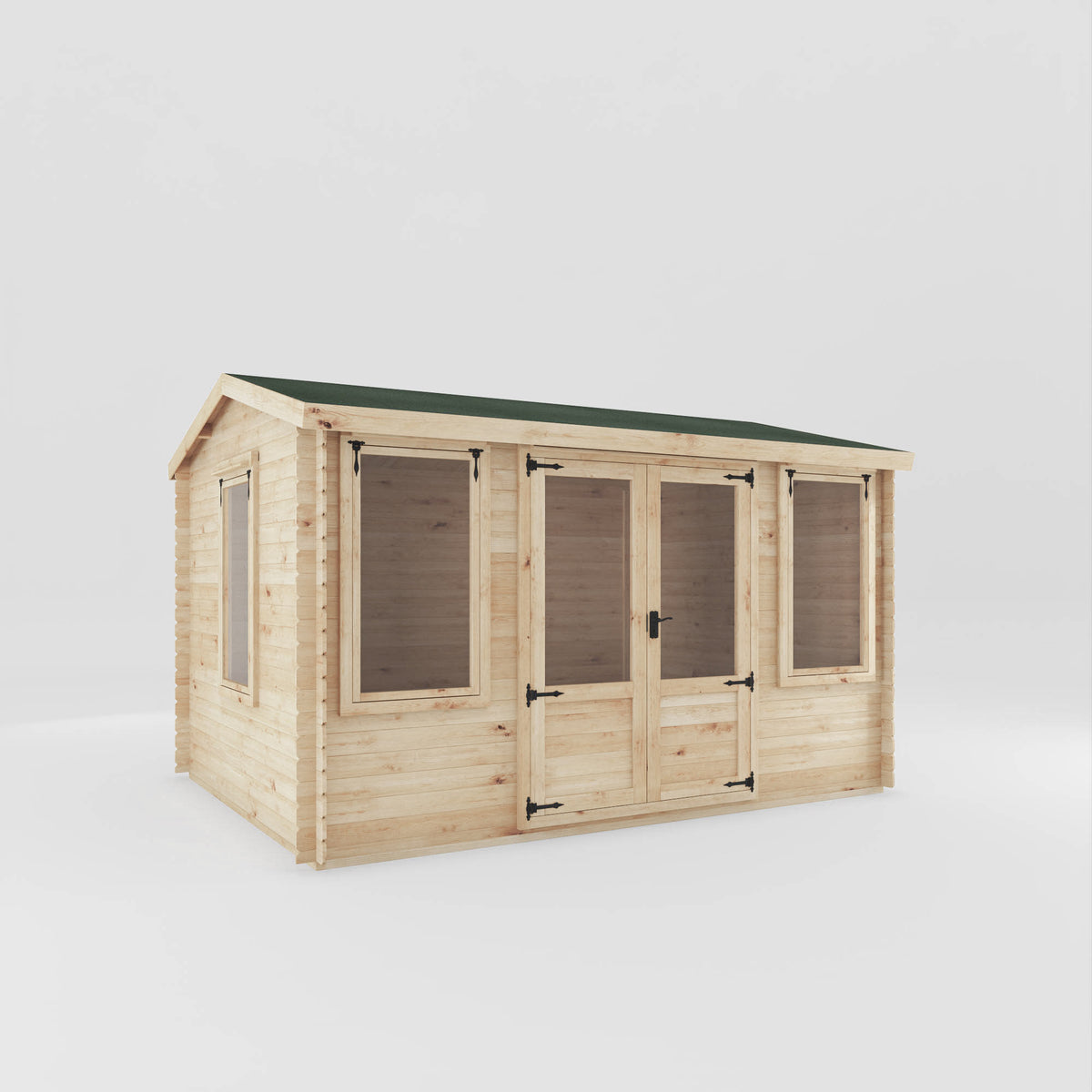 Wooden log cabin with a green roof on a white background