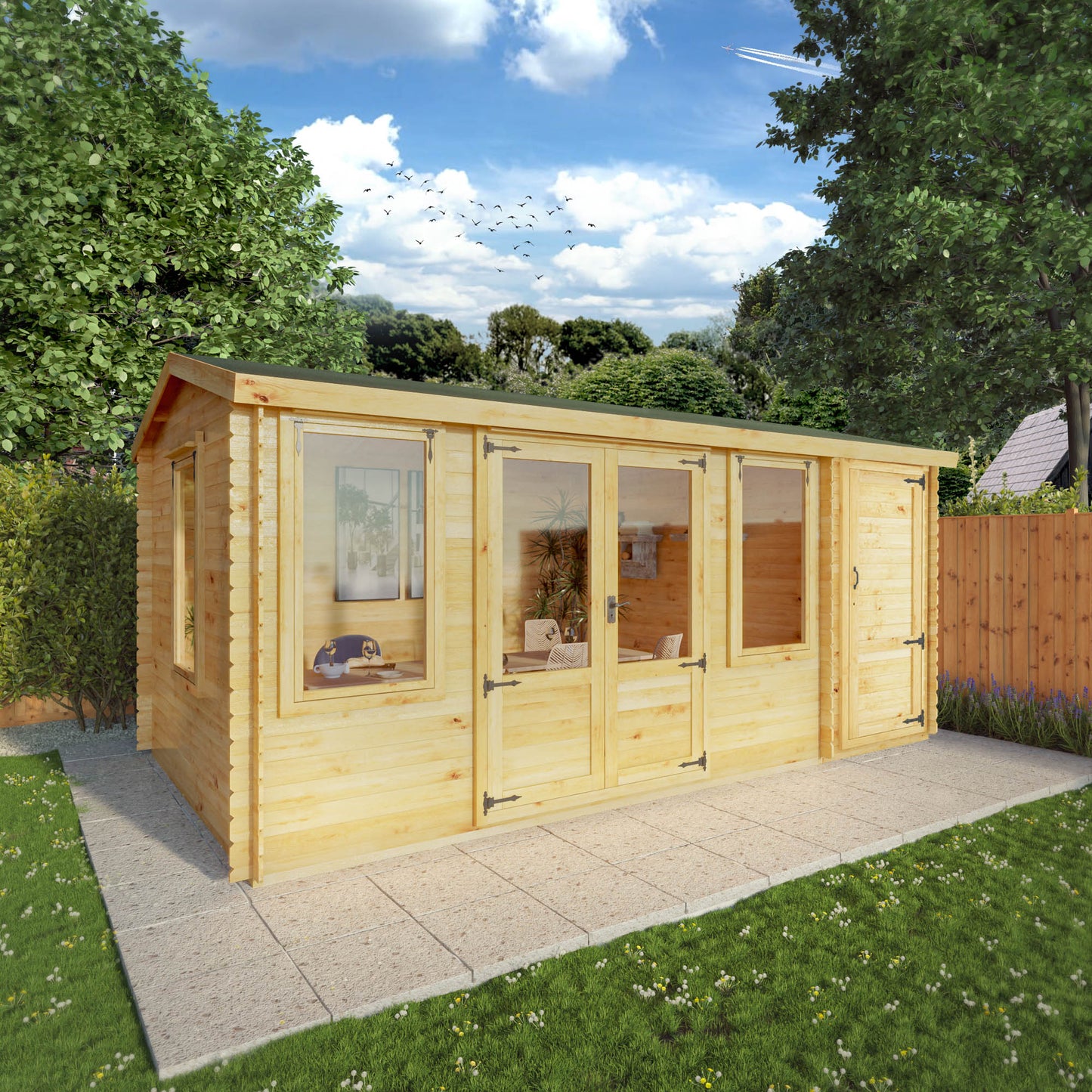 5.1m x 3m Log Cabin With Side Shed