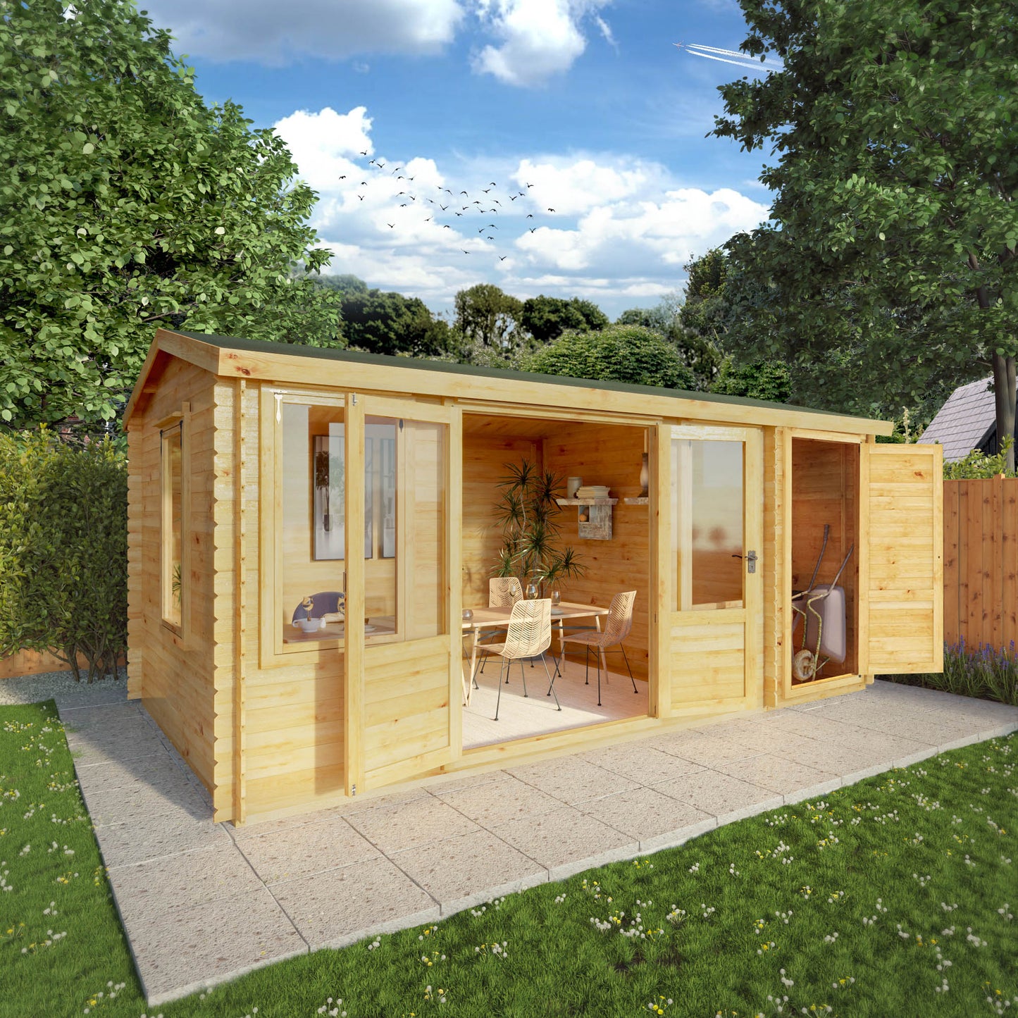 5.1m x 3m Log Cabin With Side Shed