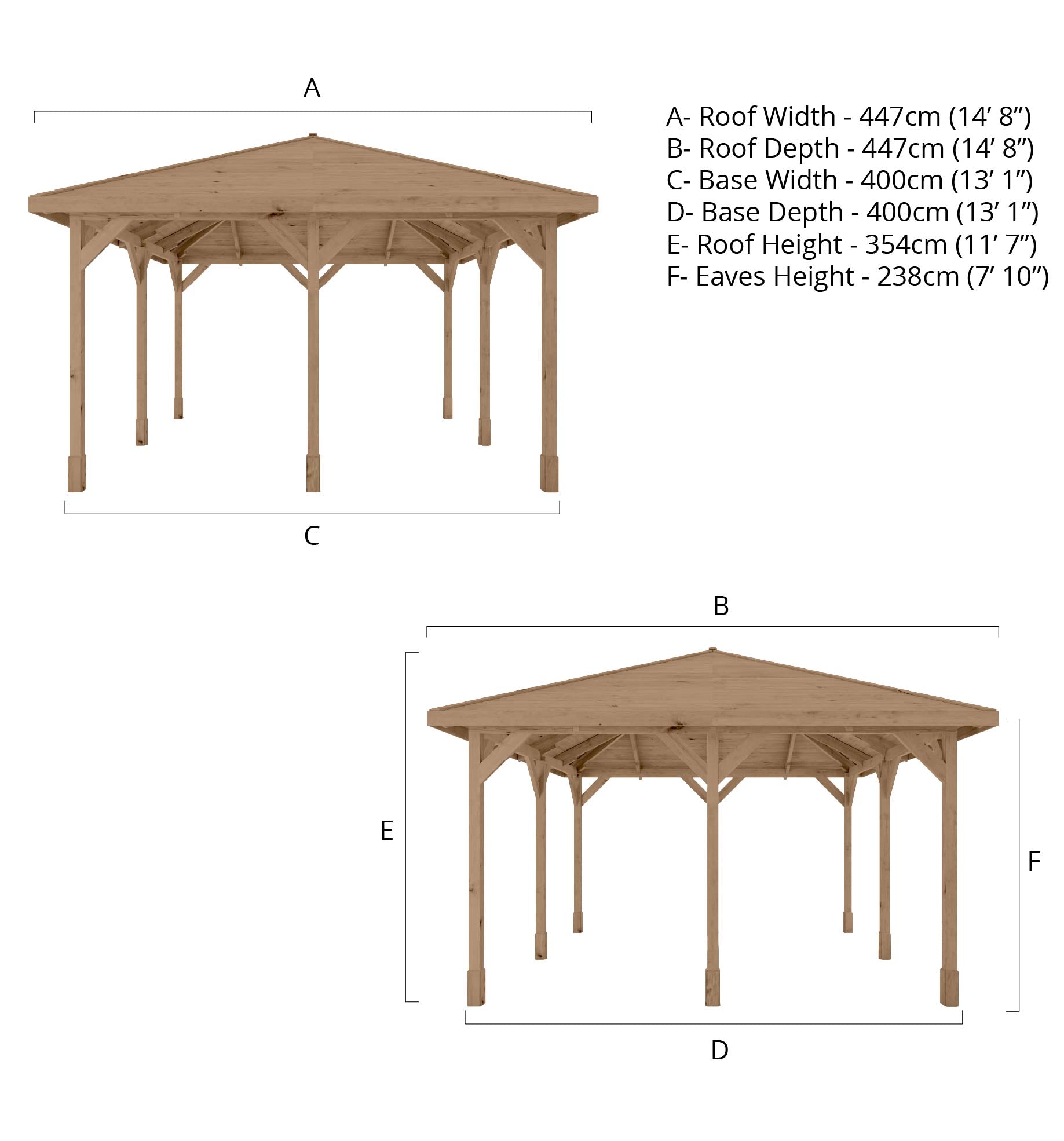 Wooden gazebo with dimensions labeled on a white background