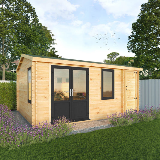 The 5.1m x 4m Robin Log Cabin With Side Shed and Anthracite UPVC