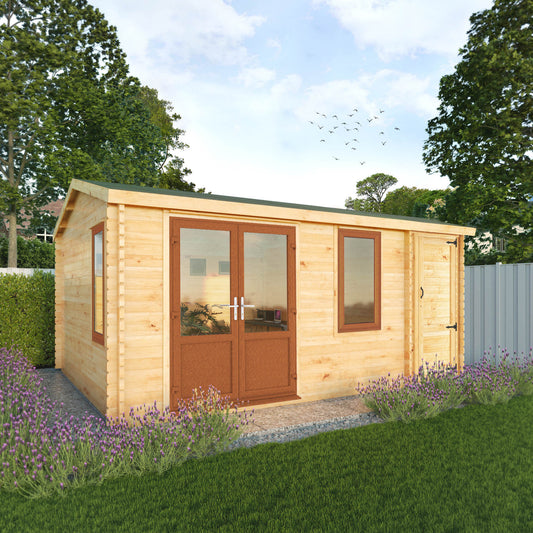 The 5.1m x 4m Robin Log Cabin With Side Shed and Oak UPVC