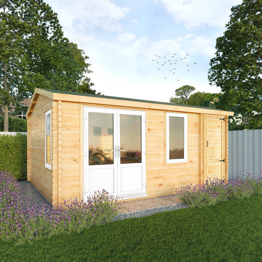 The 5.1m x 4m Robin Log Cabin With Side Shed and White UPVC