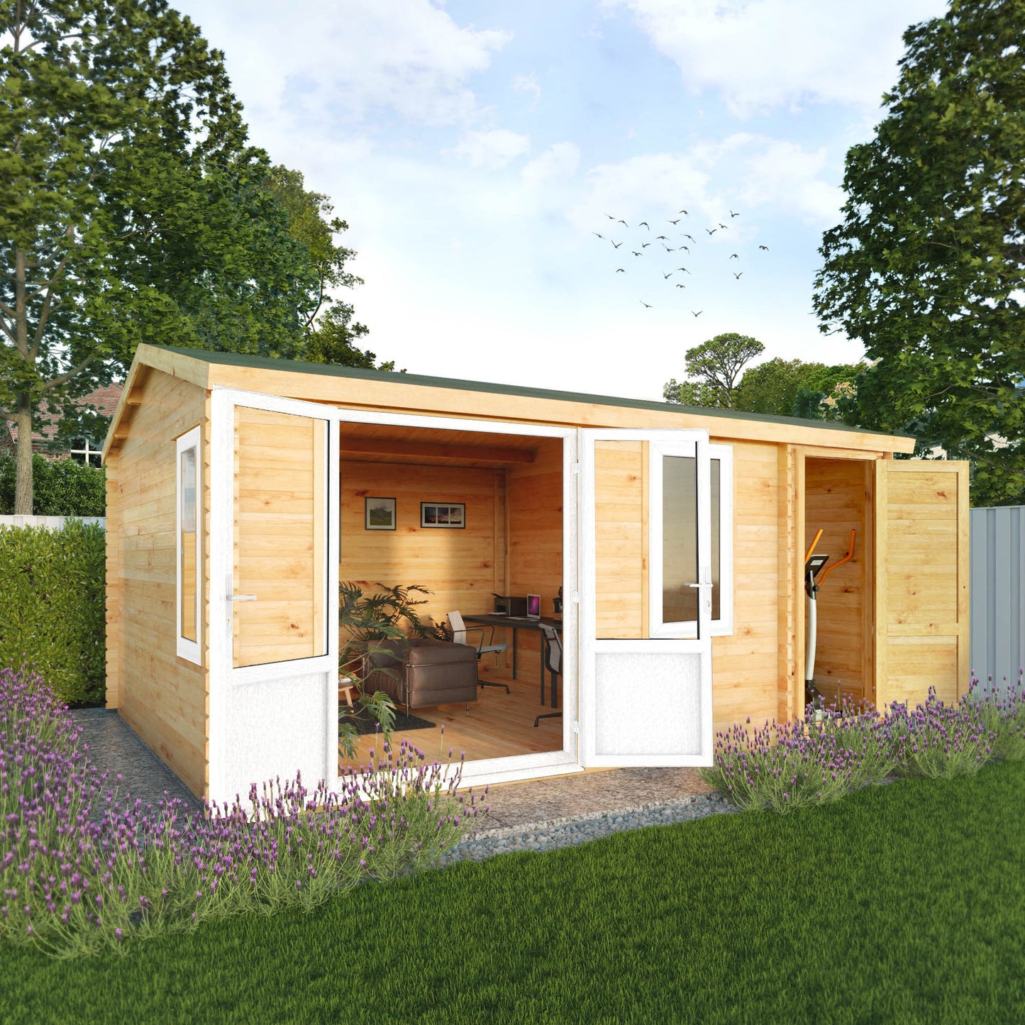 The 5.1m x 4m Robin Log Cabin With Side Shed and White UPVC