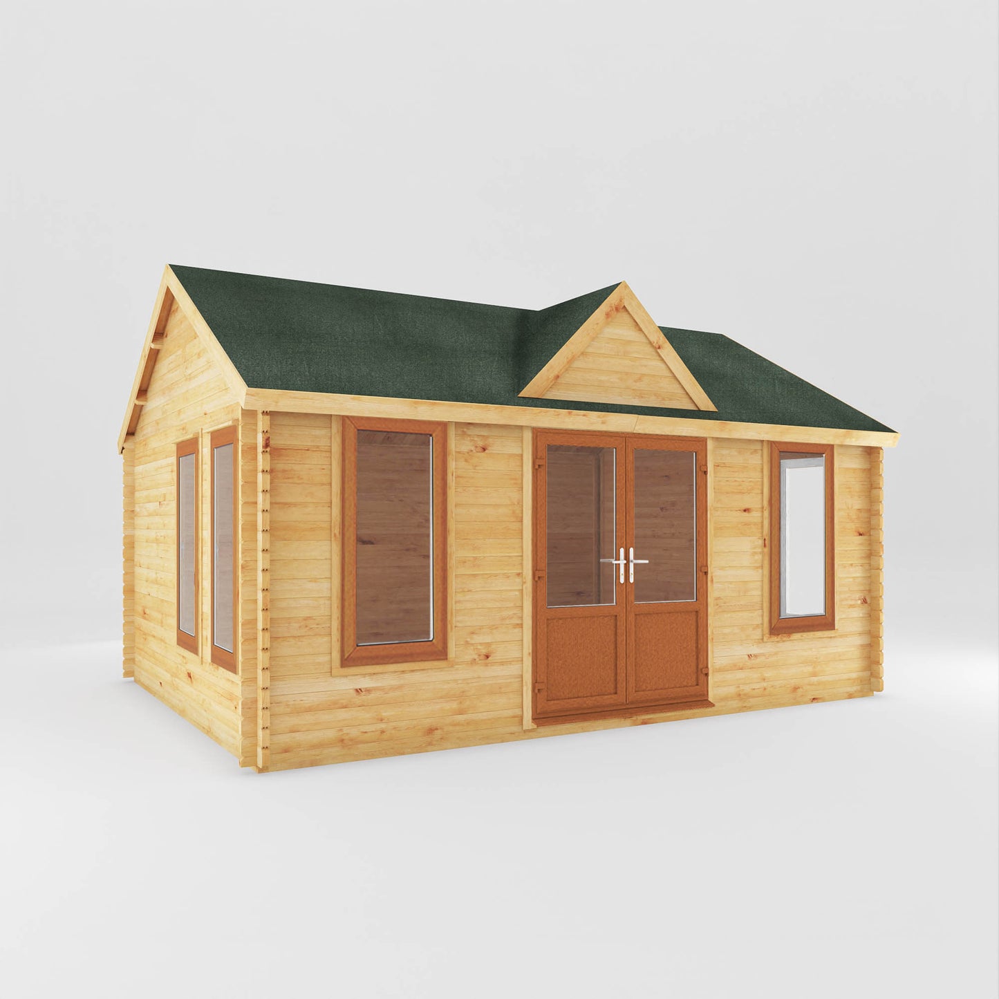 The 5.3m x 4m Grouse Log Cabin with Oak UPVC