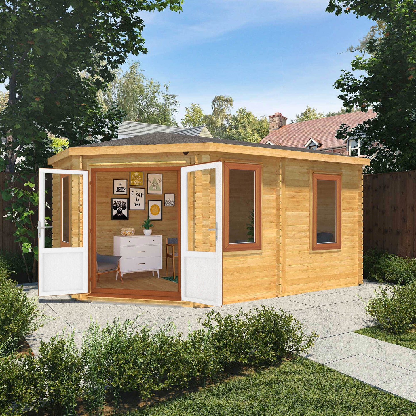 The Goldcrest 5m x 3m Log Cabin with Oak UPVC