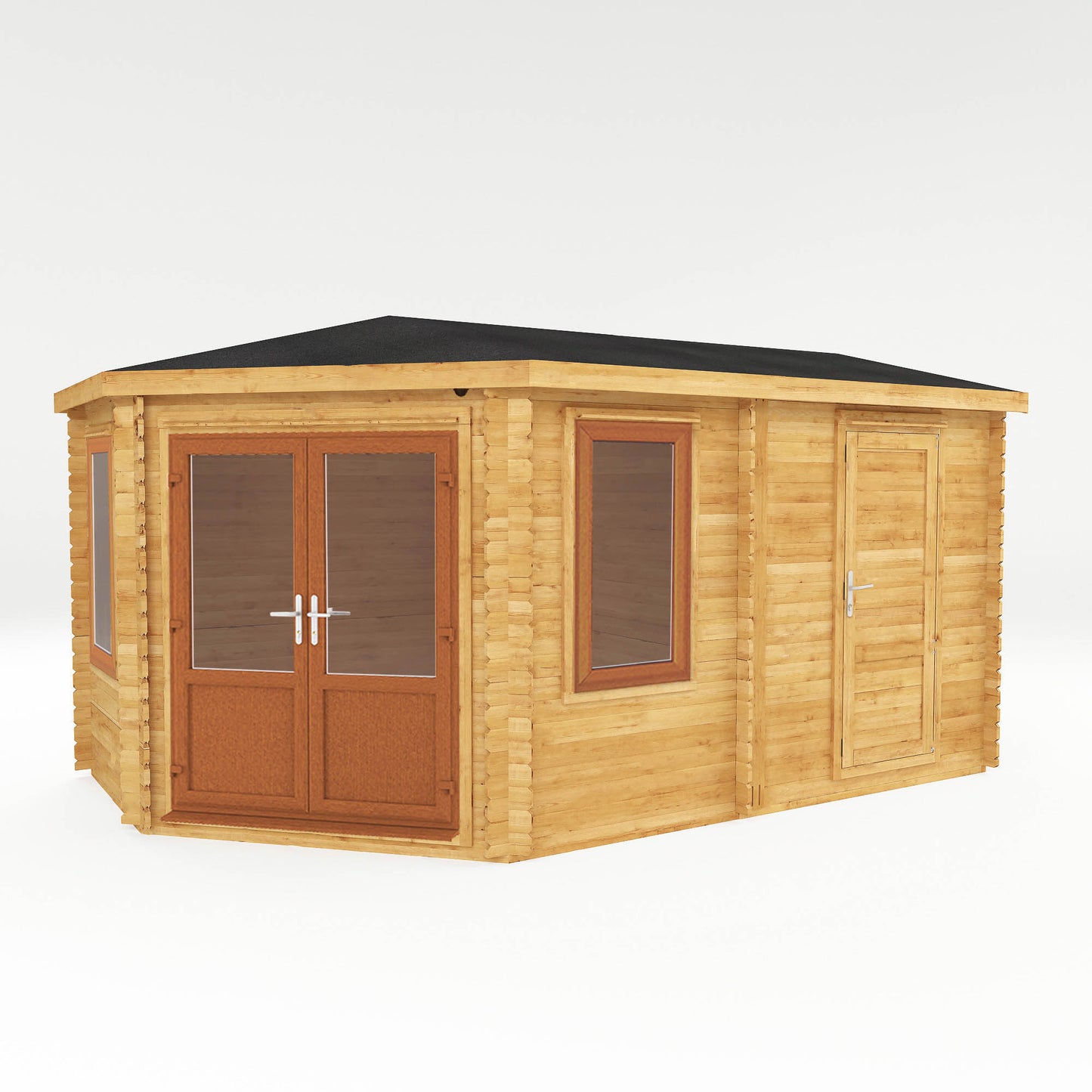 The Goldcrest 5m x 3m Log Cabin with Side Shed and Oak UPVC
