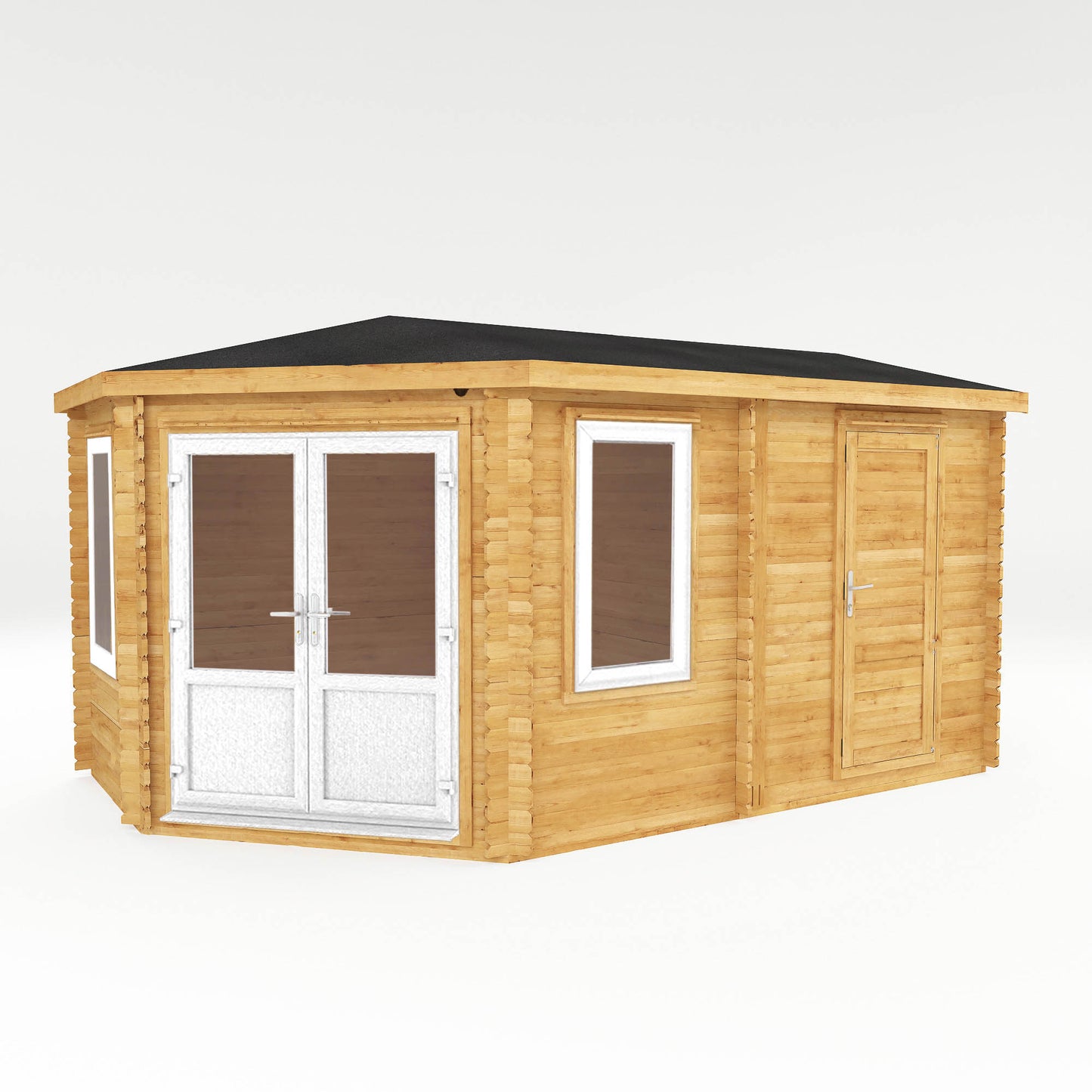 The Goldcrest 5m x 3m Log Cabin with Side Shed and White UPVC