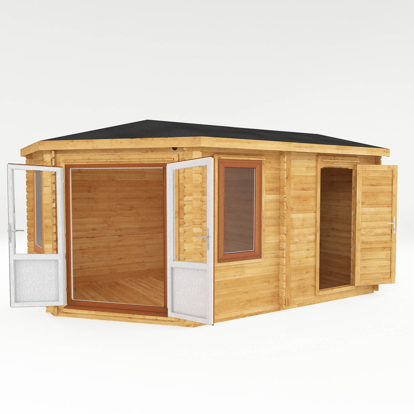 The Goldcrest 5m x 3m Log Cabin with Side Shed and Oak UPVC