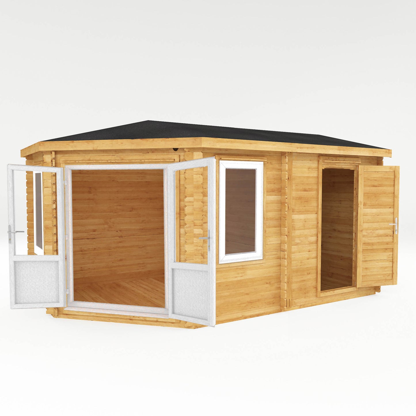 The Goldcrest 5m x 3m Log Cabin with Side Shed and White UPVC