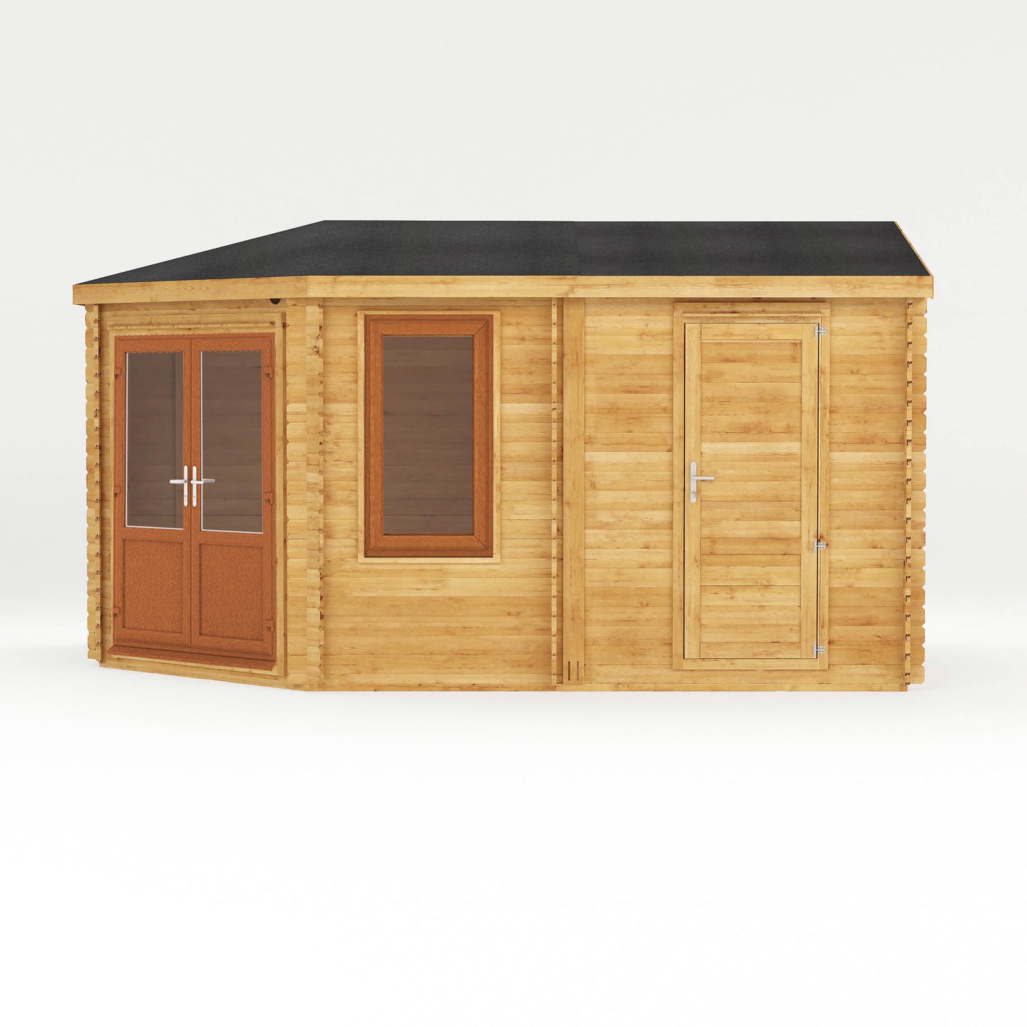 The Goldcrest 5m x 3m Log Cabin with Side Shed and Oak UPVC