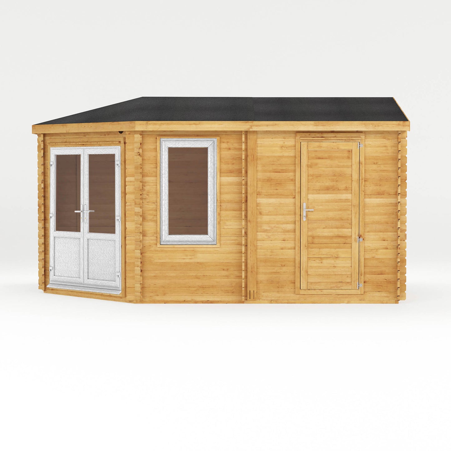 The Goldcrest 5m x 3m Log Cabin with Side Shed and White UPVC